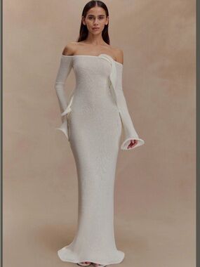 Meshki Off-Shoulder Cream Knit Gown